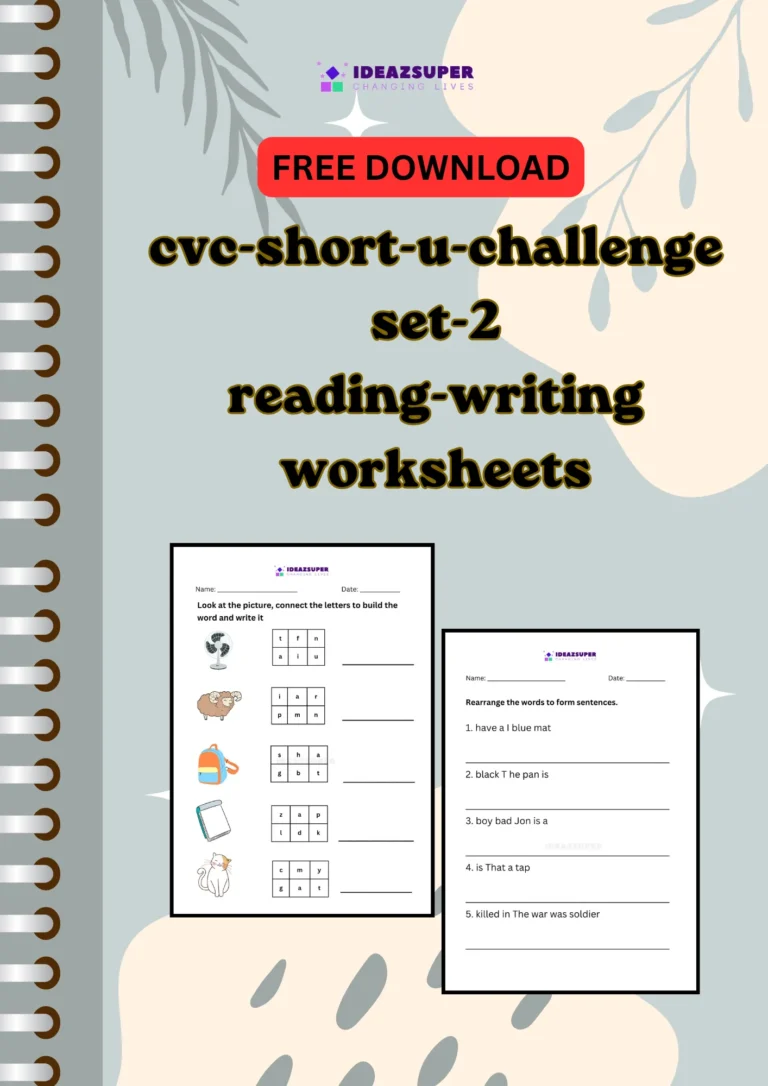 CVC short u challenge worksheets set 2, reading and writing, printable cover for preschool and kindergarten
