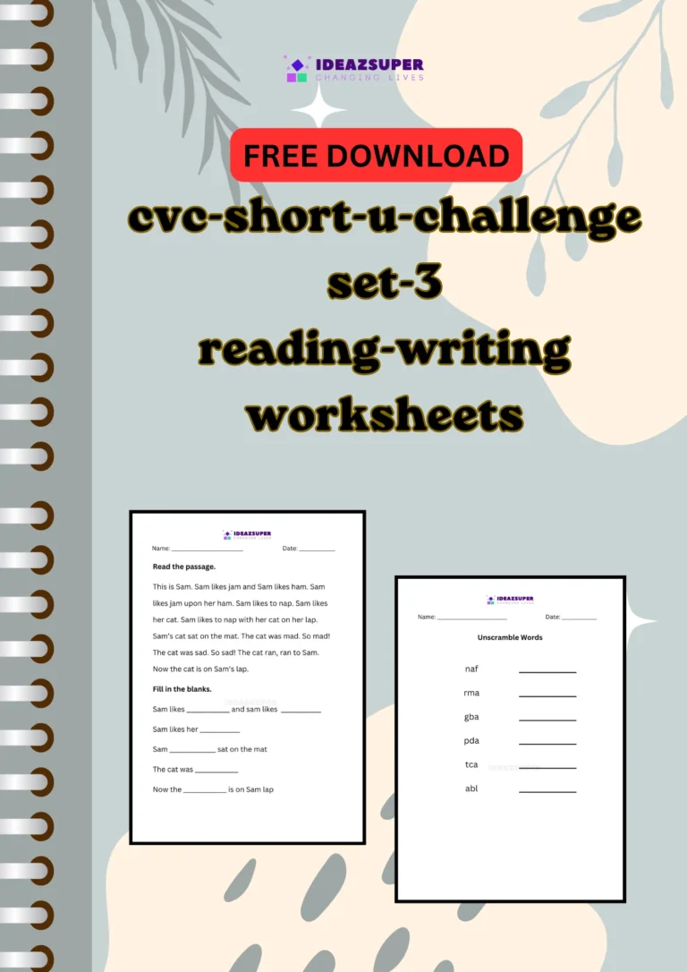 CVC short u challenge worksheets set 3, reading and writing, printable cover for preschool and kindergarten