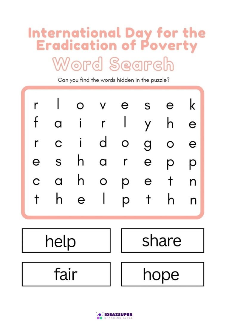 International Day for the Eradication of Poverty word search: help, fair, share, hope