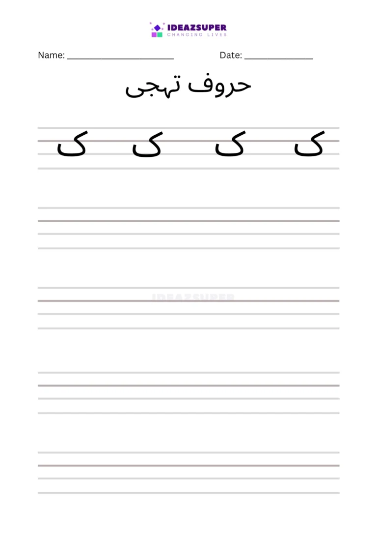 Urdu letter Kaaf (ک) handwriting practice on lines