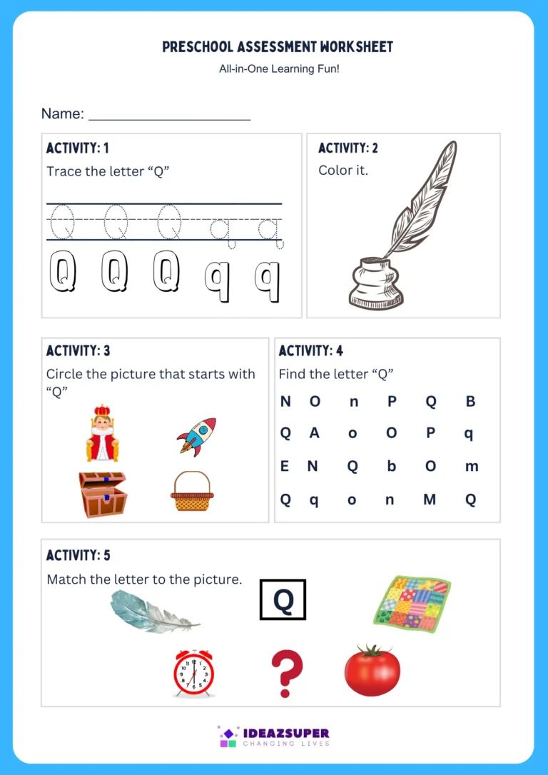 Letter Q assessment worksheet for preschool