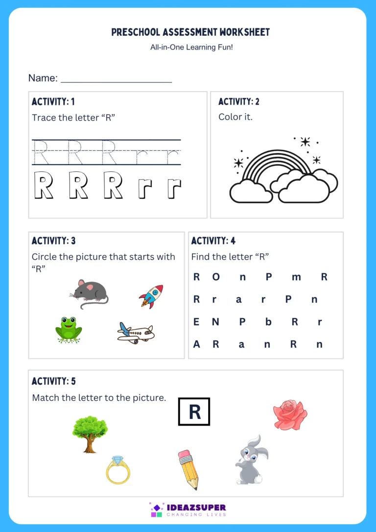 Letter R assessment worksheet for preschool