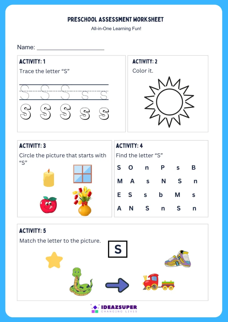 Letter S assessment worksheet for preschool