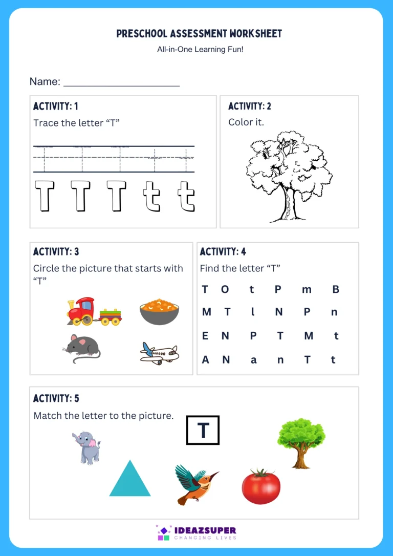 Letter T assessment worksheet for preschool