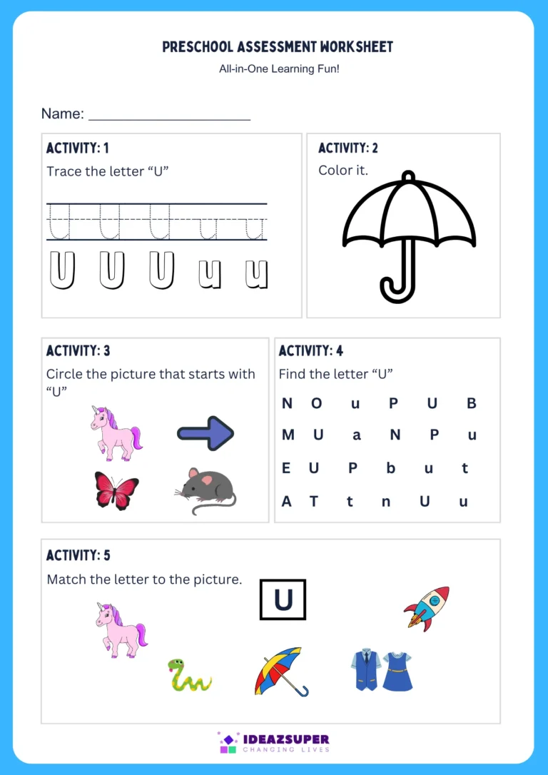 Letter U assessment worksheet for preschool
