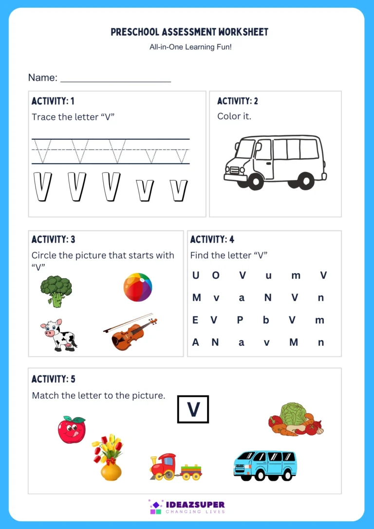 Letter V assessment worksheet for preschool