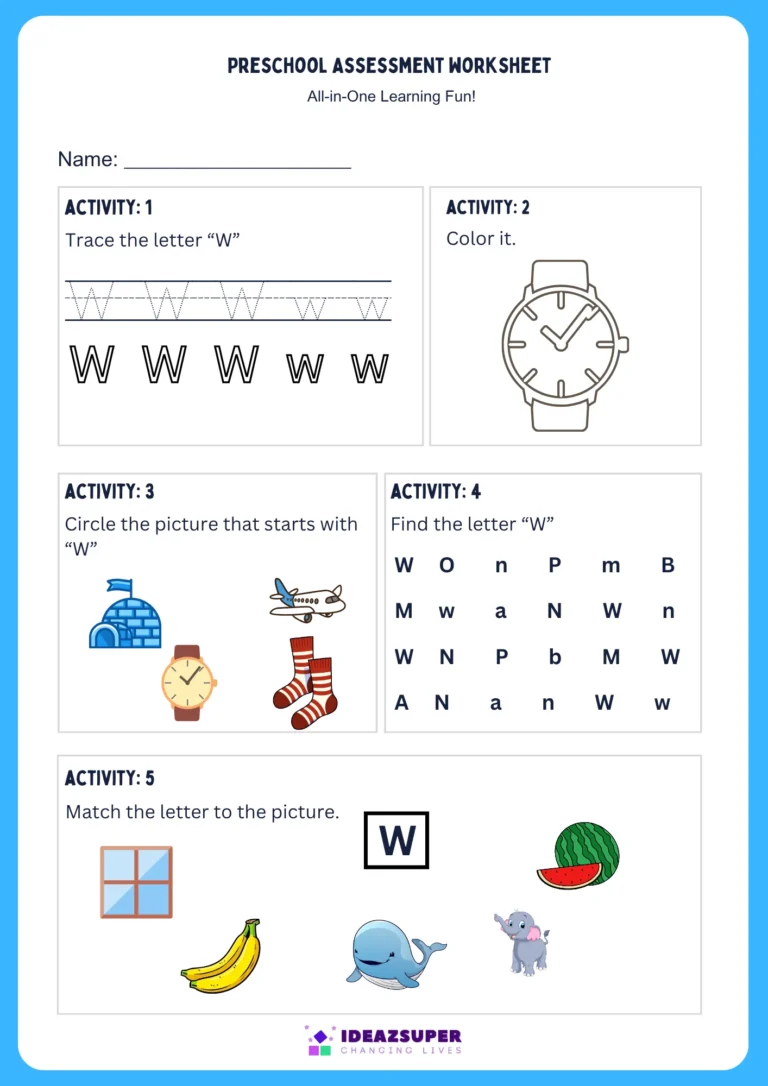 Letter W assessment worksheet for preschool