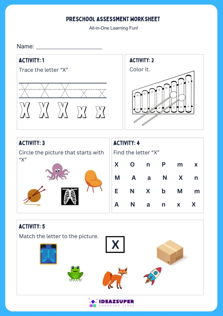 Letter X assessment worksheet for preschool