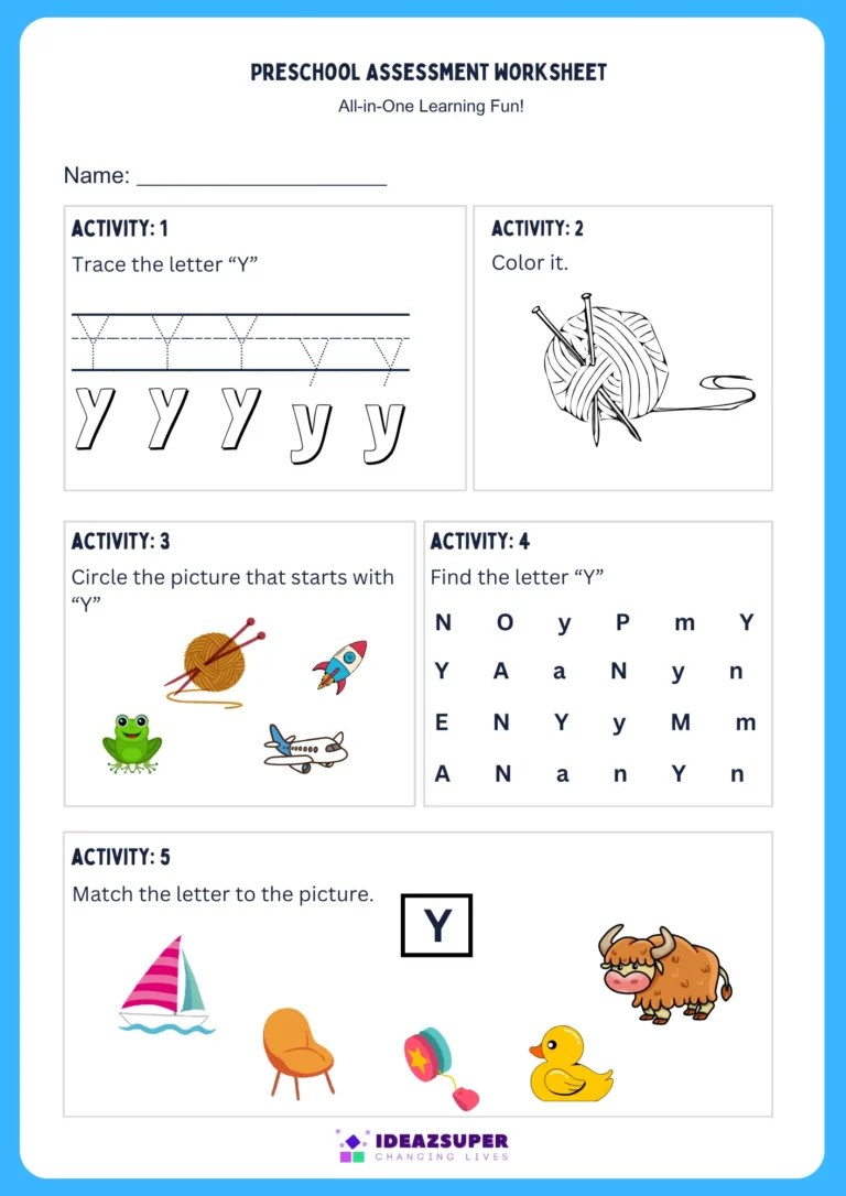 Letter Y assessment worksheet for preschool