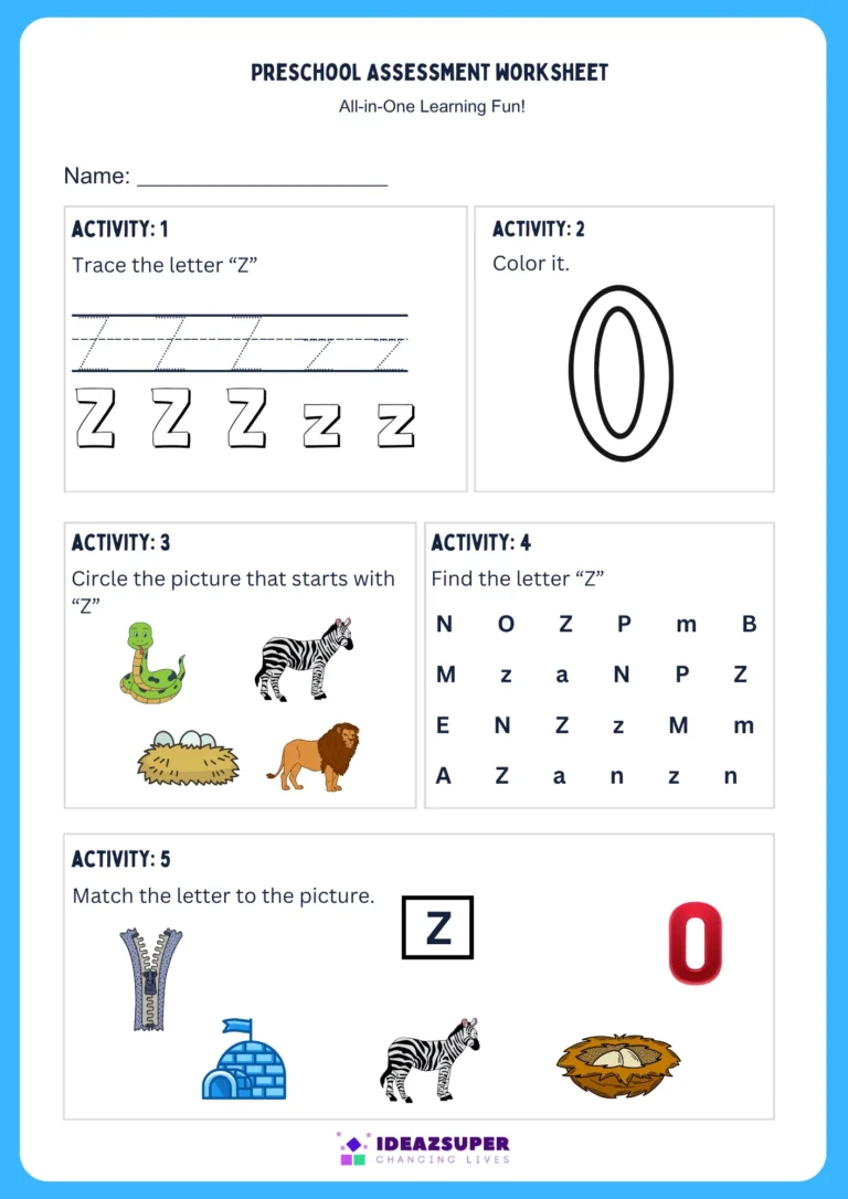 Letter Z assessment worksheet for preschool