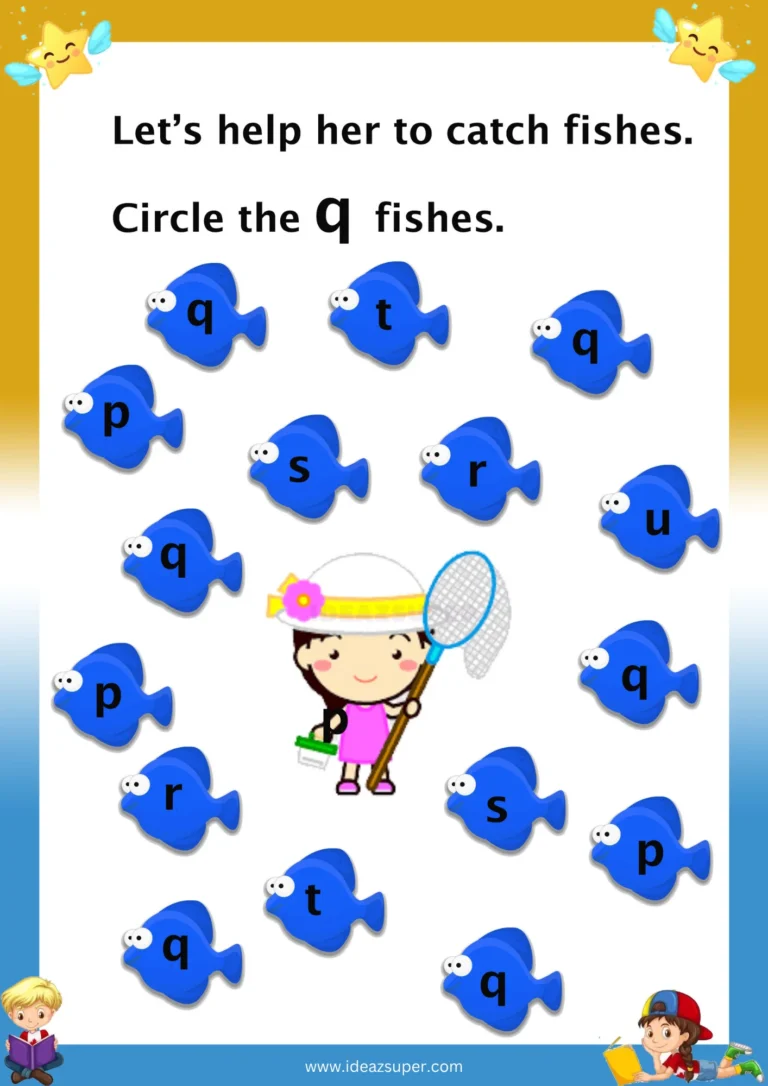 Small letter q identification worksheet: circle the q