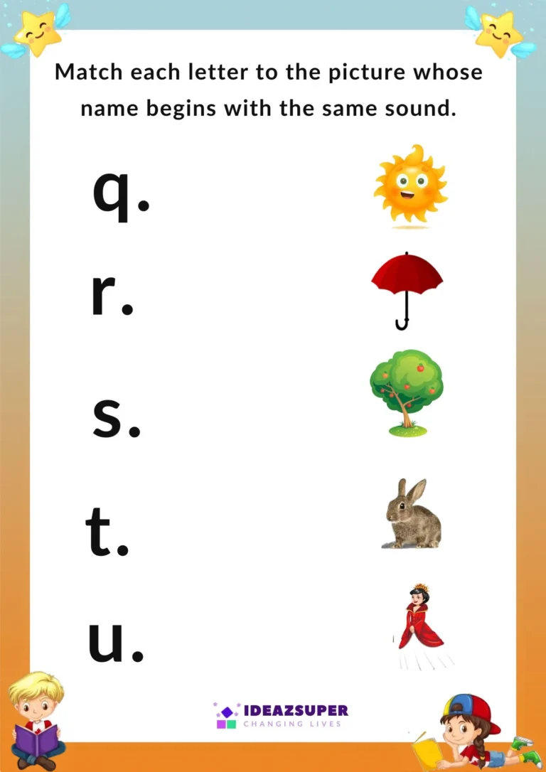 Small letters q, r, s, t, u beginning sound matching worksheet