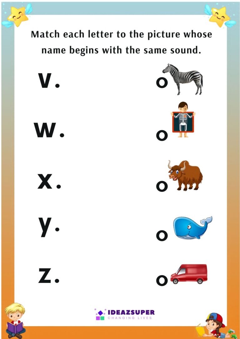 Small letters v, w, x, y, z beginning sound matching worksheet